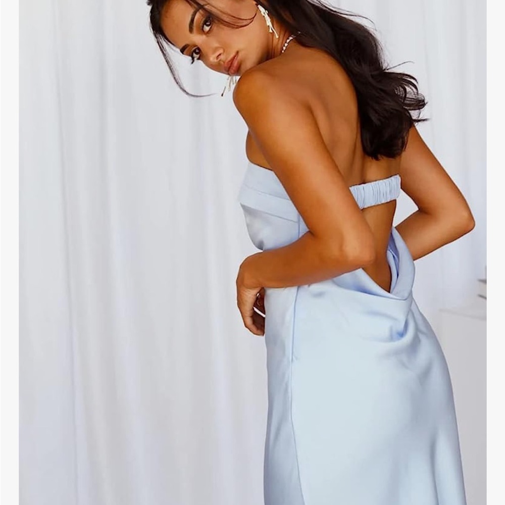 Blue Satin Strapless Eyecatcher MIDI Dress, Size Small - Picture 11 of 14